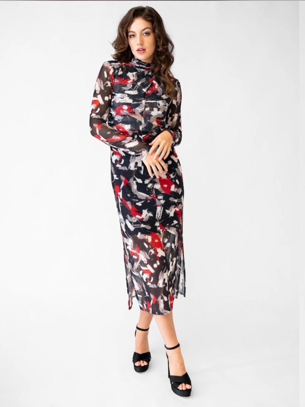 Adrienne Landau Multi-Color Abstract Sheer Midi Dress